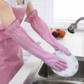Модни флисовые топли ръкавици за дома с белезници, здрави гумени ръкавици за почистване на кухня, миене на съдове
