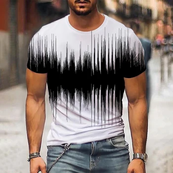 Мъжка тениска с графичен 3d кръгло деколте в черно-бяла ивица, дрехи оверсайз, всекидневни топ за всеки ден, градинска дрехи, дрехи с къс ръкав, облекло