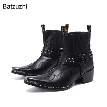 Мъжки ботильоны от естествена кожа Batzuzhi Rock, каубойски мъжки обувки в западен стил, с остри пръсти и желязна глава, черни ботуши за езда/мотоциклетни вечерни обувки
