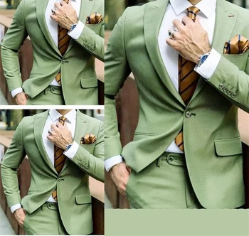 Мъжки костюми от 2 теми, зелени сватбени смокинги по поръчка, вечерни, бизнес и за мъжете, блейзър с ревера 2023