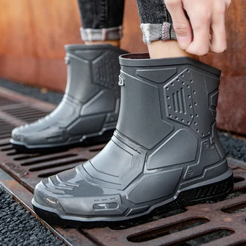 Мъжки модни непромокаеми обувки на платформа и квалификация, нескользящая водоустойчив обувки в черен цвят, непромокаеми обувки, със средна дължина, нови обувки за риболов, размер 36-45