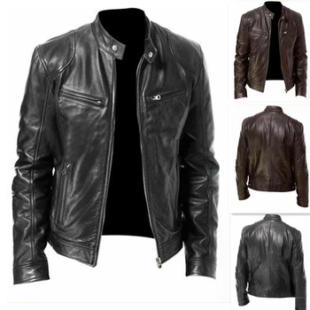 Мъжки мотоциклетът кожено яке приталенного намаляване, къси якета от изкуствена кожа с ревери, есенна новост, ветрозащитное кожа палто с цип, мъжки дрехи