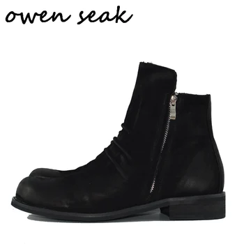 Мъжки обувки Owen Seak, луксозни обувки на висок ток, велур, естествена кожа, зимни обувки за конна езда, ежедневни черни обувки на равна подметка с цип