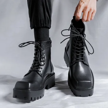 мъжки обувки на платформа на италианската марка, модни обувки с квадратни пръсти, каубойски ботуши от естествена кожа, красиви мотоциклетни ботуши за мъже