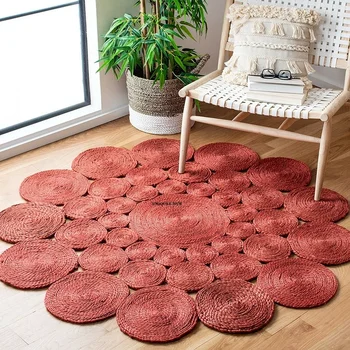 На червения килим в плетеном стил от естествен юта, обратим килими, постелки за сядане и килими за дома, подложки за всекидневна декор