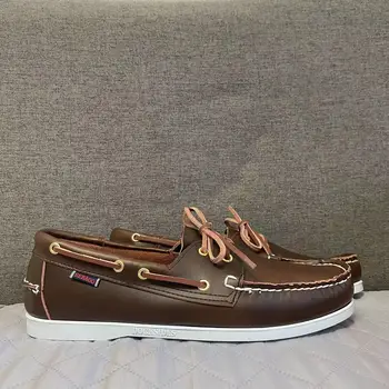 Неподправена обувки за докове Sebago - кожени обувки-лодка премиум-клас дантела с остри пръсти D023