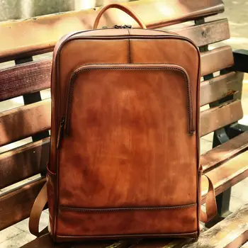 Нов дизайн, мъжки кожена раница, ретро на 15.6-инчовата чанта за компютър, кожена раница от първия слой телешка кожа, бизнес чанта за лаптоп, мода