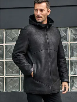 Ново мъжко яке от овча кожа, дълго меховое палто, черно кожени палта, ежедневни топло зимно горно облекло