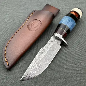 Нож от дамасской стомана VG10, дръжката е от бича, кости, с кожени ножнами, фиксиран нож премиум-клас за лов и оцеляване на открито