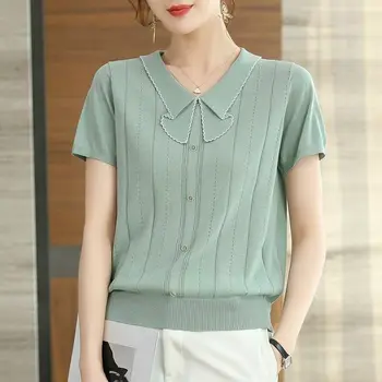 Обикновена тениска в стил мозайка с копчета, пуловер с къс ръкав и кръгло деколте, елегантен модерен свободна интелектуална дамски дрехи