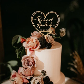 Обичай topper за сватбена торта с сърце и датата на Г-н. Mrs, индивидуален подарък, декорация на торта за годишнина, годеж, рожден ден