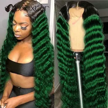 Омбре зелен цвят, без перука от човешки косъм с дълбока вълна, перука от естествена коса с високо качество, бразилски перука от естествена коса 13 × 4 Hd, прозрачен дантелен перука