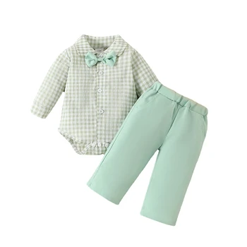 Официалната дрехи за малките момчета, карирани гащеризон с дълги ръкави риза, папийонка и ластични панталони, есен облекло