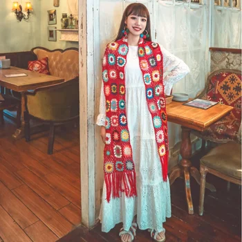 Памучен конец, шал, ръчна изработка на етнически стил ретро, женски кухи топъл шал с цветя на една кука, правоъгълен шал с пискюли, дамски блузи