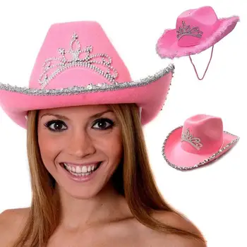 Панама с кристали във формата на корона и пера, розова ковбойская шапка пастушки за жени, уводна част за момичета, каубойски шапки, шапки sombrero de vaquero mujer