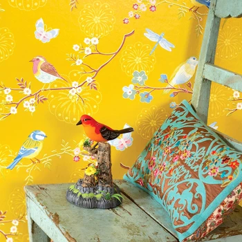 Пасторални цветя и птици, нетъкан тапет с цветен модел за спални, всекидневна, ТВ-фон, домашен интериор, стенни покрития, ролка, жълт на цвят