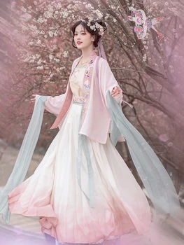 Перфектна естетика Hanfu оригинален дизайн, пролетно плиссированная пола, пълен комплект, къс риза Song system tencel, дамски плат Hanfu