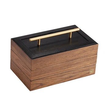 Правоъгълна кутия за съхранение, многофункционална кутия за съхранение на бижута, черен орех с ключалка