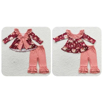 Продажба на едро Комплект за малки момичета, туника с дълги ръкави и отворена гърба си по цветенце, памучни панталони с волани, детска пролет-есен облекло с цветен модел за деца