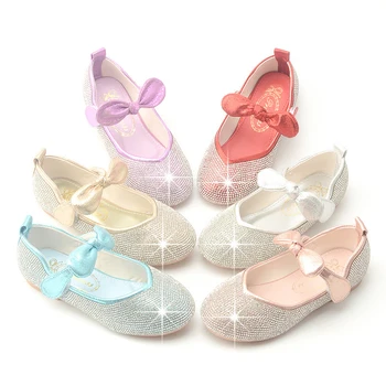 Пролетно-Есенен Детски обувки от 3 до 9 години, за малко по-големи момичета; Вечерни Модни Кожени обувки на нисък ток с лък за танци; Обувки Принцеса