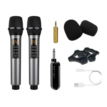 Професионален безжичен микрофон за употреба 2-канален UHF микрофон с регулируема лента за реверберация за караоке-парти на сцената