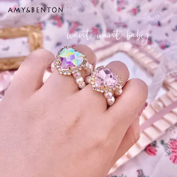 Пръстен за сладко момичета в японски стил, сладък дамски пръстени във формата на сърце, аксесоари с кристали и перли за дамите