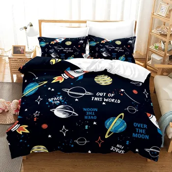 Пухени Карикатура Вселената Комплект Постелки Космически Кораб Пухени за Момчета Стеганое Одеяло Млечния Път Астронавт Мечтата на Тийнейджърите Декор на Стая