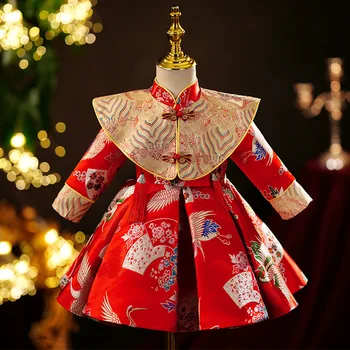 Реколта детски костюм Ханфу с червено принтом дрехи в китайски стил, нова година модерен костюм за момиченца