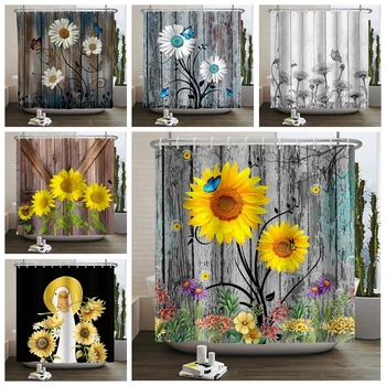 Реколта дървена завеса с цветен модел семки, водоустойчива душ завеса за душ, лайка, роза, пеперуда, ретро принт, креативен дизайн, интериор за баня