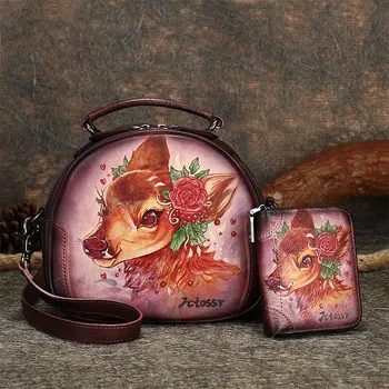 Реколта кожена дамска чанта с оригинален ръчно рисувани елен, чанти-незабавни посланици от телешка кожа на първия слой + чантата си жена