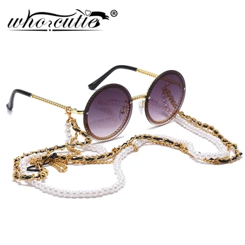 Реколта кръгли слънчеви очила за жени с перлената на веригата, аксесоар 2019, луксозен брендовый дизайн, ретро, златни рамки, Слънчеви очила, дамски нюанси