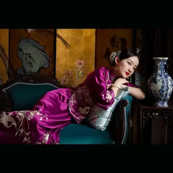 Реколта лилаво върхове-чонсам с яка-ботуш и цветна бродерия с голям ръкав за жени, елегантна китайска празнична вечерна риза Ципао