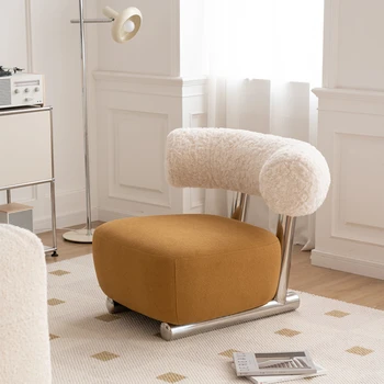 Ретро единична диван-стол в стил ваби-съби, мрежа от червена неръждаема стомана, дизайнерски лесен луксозен стол за почивка на шейна от овче руно