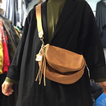 Ретро кожена най-горния слой от телешка кожа с ръчно изработени дамски чанти-месинджър сверхбольшой капацитет, дамски нагрудная чанта, поясная чанта