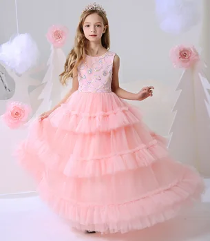 Розови рокли за първо причастие за момичета, малката бална рокля, на много нива и дълги рокли на цветчета за момичетата, за сватби, за деца, за деца