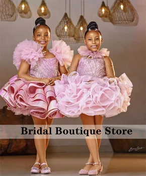 Розови рокли на цветчета за момичетата на сватба с две ръкавици, бродирани с мъниста, перли, къдри, пайети, празнична рокля за по-малките момичета за рожден ден