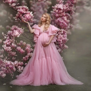 Розови халати за бременни с дълбоко V-образно деколте, фатиновый дреха за бременни, женствена рокля за душата на детето, рокли за фотосесии