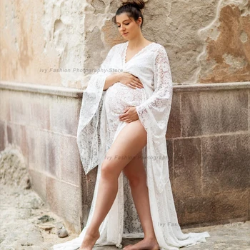 Рокли за бременни за душата на детето, бяло дантелено рокля за бременни в стил бохо с дълги ръкави, рокля за фотосесия в бохемски стил, облекло за бременни