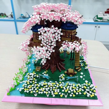 Сакура, дърво къща, цветна градина, река, световна архитектура, 3D мини диамантени блокове, тухли, строителна играчка за деца, без кутия