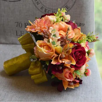 Сватбен букет, очарователен сватбени цветя, червени рози от изкуствена коприна, сватбени аксесоари за булката SPH045