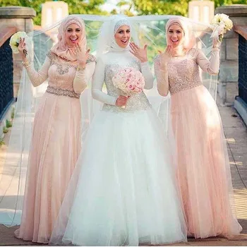 Сватбена рокля в ислямския стил с дълъг ръкав, хиджаб, бяло расшитое мъниста мюсюлманската сватбена рокля, рокли за майката на булката