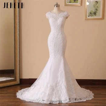 Сватбена рокля русалка JEHETH 2023, романтична илюзия, апликации, beading, шапка, ръкав, с кръгло деколте, с плажна сватбена рокля, Vestido De Noiva