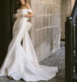Сватбена рокля с влак във френски стил с открити рамене, елегантна мека атласное сватбена рокля-калъф с отворен гръб, vestidos de mairee, сватбени рокли