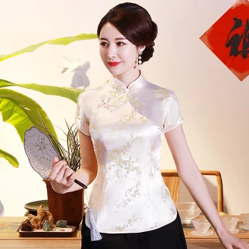 СЕКСИ дамски реколта сатен блуза с цветя модел, женска риза размер Оверсайз 3XL 4XL, китайски традиционни дрехи, летни блузи с къс ръкав 04310