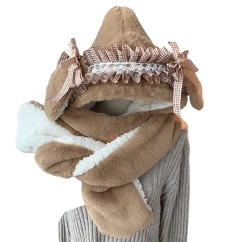 Сладък плюшен шапка с заячьими уши, шал, ръкавици, защита на уши, дебели топли плюшени зимни шапки 3 в 1 в стил 
