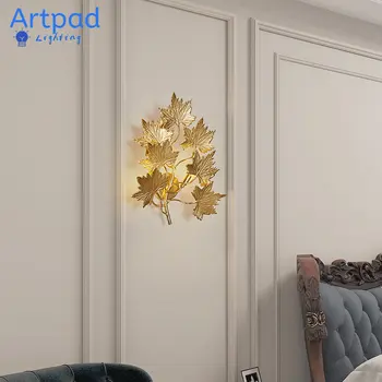 Стенен лампа с меден блясък, дизайн със златни листа, модерен и луксозен фон, стенни аплици, нощни лампи за украса на стени, лампа