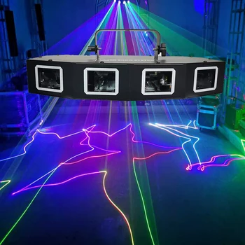 Супер ярък диджейский лазерен проектор с 4 обективи RGB лазерен лъч DMX Цветни ефекти, Осветление за диско-бар, нощен клуб, денс парти