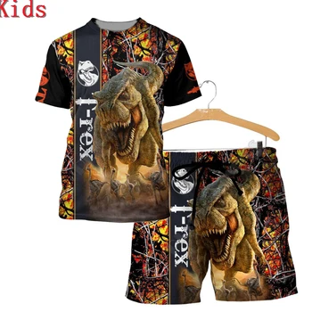 Тениски и къси панталони с 3D принтом Love Динозавър, забавен детски костюми за момчета и момичета, летен костюм с къси ръкави, бебешко облекло 12