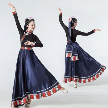 Тибетски танцови костюми с дълъг ръкав, традиционно облекло за народни танци, сценично представяне, дълга пола на гражданската нация, на тибетски облекло