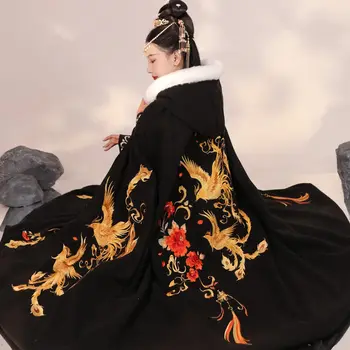 Традиционен китайски дъждобран Ханфу, елегантно палто с бродерия, дамско зимно топло палто, древен cosplay, страхотна принцеса, наметало с качулка
